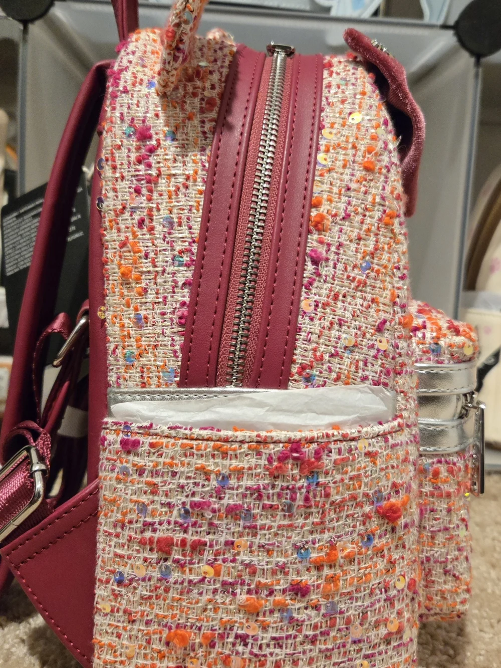 Loungefly Tweed Minnie Ear Mini Backpack in Pink, Burgundy & Orange